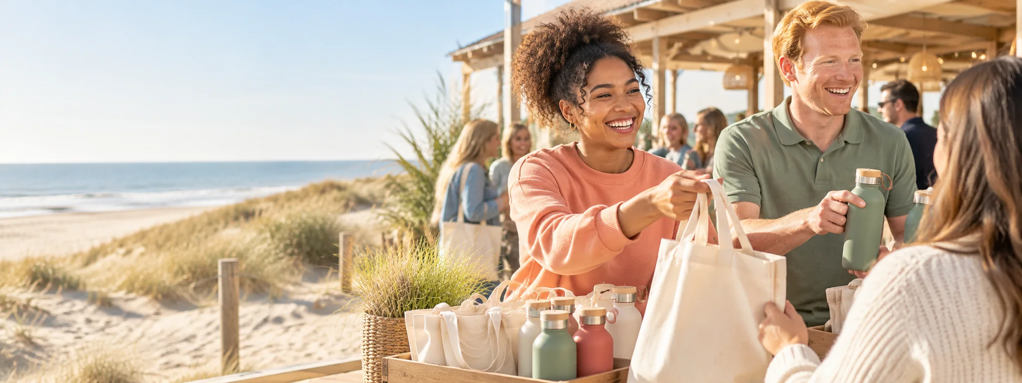 Mensen delen draagtassen en drinkflessen uit op een strandpaviljoen