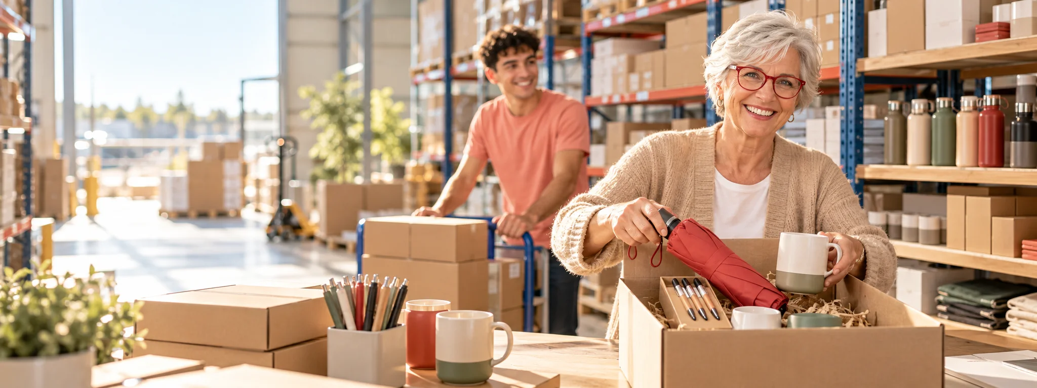 Medewerkers pakken relatiegeschenken in, in een magazijn vol dozen
